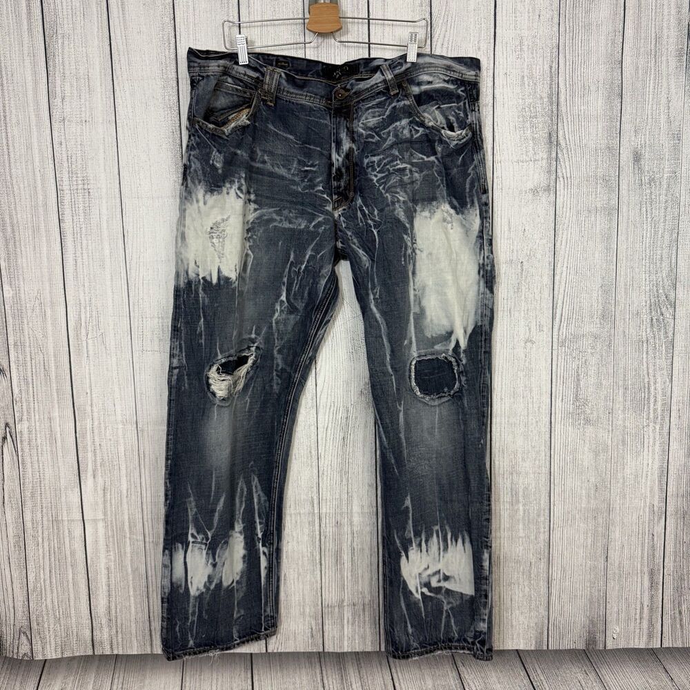 AKOO Men's 44x32 Blue No Rivals Bleached Distressed Hip Hop Straight Leg Jeans